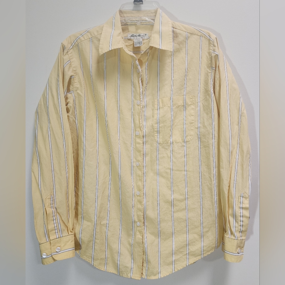 Eddie Bauer Yellow and White and Black Striped Button-up Top Women's Size S/P